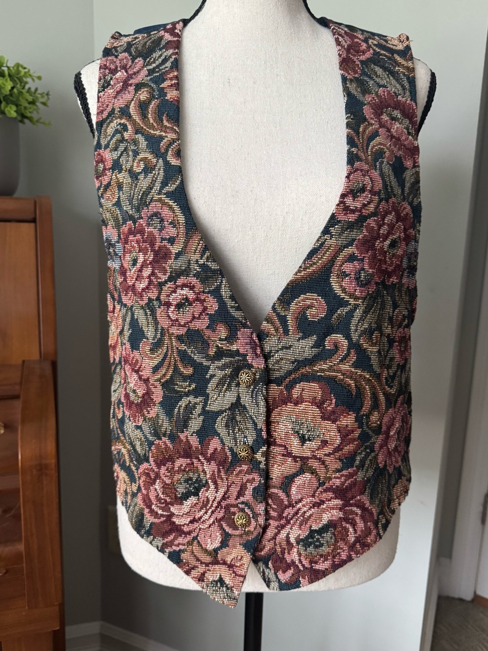 VTG 90s Floral Tapestry Deep V-Neck Vest Dusty Rose Forest Green Woven Jacquard